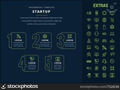 Startup options infographic template, elements and icons. Infograph includes options, line icon set with startup rocket, business launch, network technology, internet connection, satellite etc.. Startup infographic template, elements and icons.