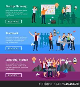 Startup People Flat Banners Set . Successful startup 3 flat horizontal banners webpage design with innovative product planning and teamwork isolated vector