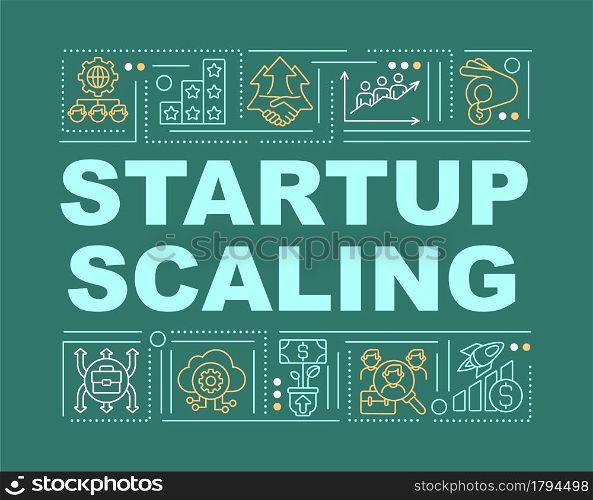 Startup planning word concepts banner. Business development. Infographics with linear icons on green background. Isolated creative typography. Vector outline color illustration with text. Startup planning word concepts banner