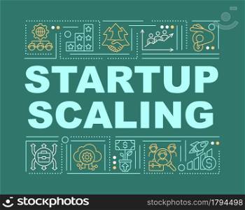 Startup planning word concepts banner. Business development. Infographics with linear icons on green background. Isolated creative typography. Vector outline color illustration with text. Startup planning word concepts banner