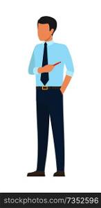 Startup poster with male businessman in ties with pointer pen pointing on something vector of person in cartoon style, team building vector illustration. Startup Poster Male Businessman in Ties Pointer