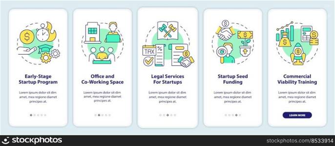 Startup programs onboarding mobile app screen. Legal services walkthrough 5 steps editable graphic instructions with linear concepts. UI, UX, GUI template. Myriad Pro-Bold, Regular fonts used. Startup programs onboarding mobile app screen