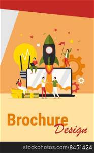 Startup project concept. Business team working on new idea, launching rocket from laptop, celebrating successful start. Vector illustration for teamwork, entrepreneurship, innovation concept