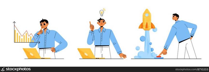 Startup project development and boost, successful business start up launch. man push start button and rocket fly up. Manager analysing company statistics on laptop, Line art flat vector illustration. Startup successful launch business project boost