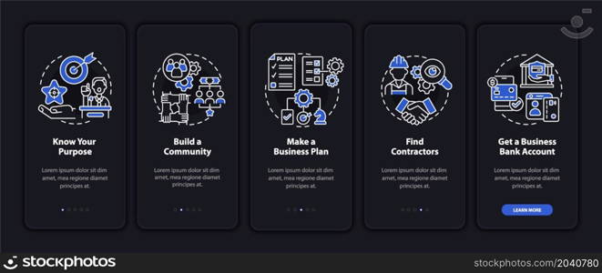 Startup project growth tips onboarding mobile app page screen. Entrepreneurship walkthrough 5 steps graphic instructions with concepts. UI, UX, GUI vector template with linear night mode illustrations. Startup project growth tips onboarding mobile app page screen