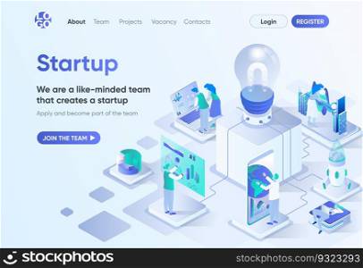 Startup project isometric landing page. Startup founding, business idea generation and development. Innovation solution template for CMS and website builder. Isometry scene with people characters.