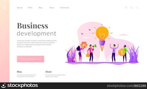 Startup, project launch. Team brainstorming, searching solution. Business idea, business plan, small business launcher, business development concept. Website homepage header landing web page template.. Business idea landing page template