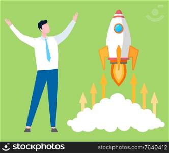 Startup project symbol, businessman in uniform and shuttle rocketship isolated. Vector person and spaceship or rocket going to space, business concept. Startup Project Symbol, Businessman and Rocket