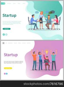 Startup project, teamwork strategy and success. People discussion together, using wireless gadget, phone and laptop. Man and woman discussion new business idea vector. Website template, flat style of web or landing page. Teamwork Strategy and Success, Startup Web Vector