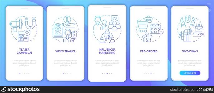 Startup promo strategy tips onboarding mobile app page screen. Business project walkthrough 5 steps graphic instructions with concepts. UI, UX, GUI vector template with linear color illustrations. Startup promo strategy tips onboarding mobile app page screen