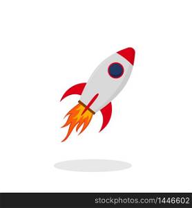 Startup red rocket in flat style. Launch rocket icon on isolated background. Red shuttle with fire. vector illustration. Startup red rocket in flat style. Launch rocket icon on isolated background. Red shuttle with fire. vector
