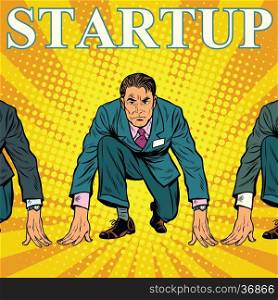 Startup retro businessman on the starting line with competitors, pop art vector