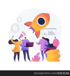 Startup, rocket launch, project start. Setting business, company founding. Teamwork, cooperation, partnership. Businesspeople cartoon characters. Vector isolated concept metaphor illustration.. Startup, rocket launch vector concept metaphor.