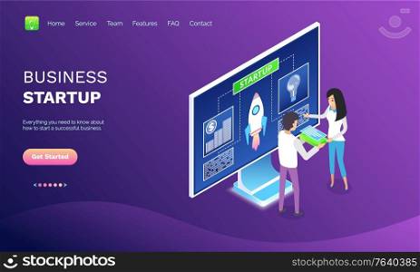Startup scheme in monitor, man and woman holding device or laptop, researching and discussing strategy, successful teamwork, business web idea vector. Researching of Workers, Business Startup Vector
