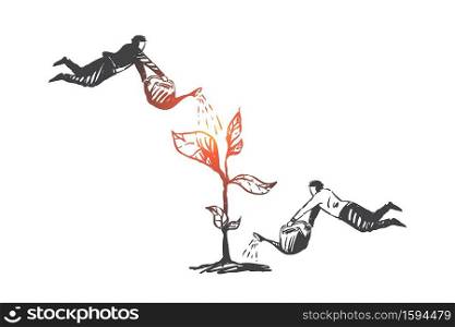 Startup, success, teamwork, coworking, partnership concept sketch. Businessmen flying and watering plant with cans together. Hand drawn isolated vector illustration. Startup, success, teamwork, coworking, partnership concept sketch. Hand drawn isolated vector illustration