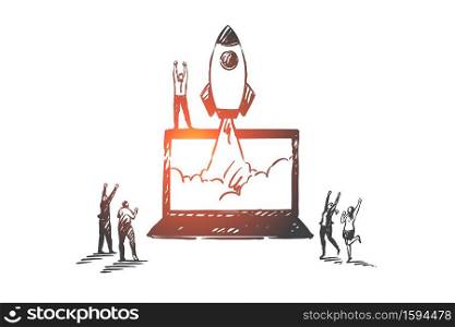 Startup, success, teamwork, coworking, partnership concept sketch. Happy business people looking at laptop with taking off rocket on screen and jumping from joy. Hand drawn isolated vector. Startup, success, teamwork, coworking, partnership concept sketch. Hand drawn isolated vector illustration