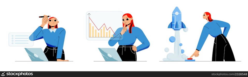 Startup successful launch business project boost. Employee man push on start button and rocket fly up. Manager woman analysing company statistics on laptop in office, Line art flat vector illustration. Startup successful launch business project boost