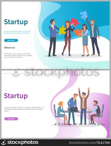 Startup successful launching of project vector, business solution, corporation. Creative people with puzzles jigsaw, conference meeting in office. Website or webpage template, landing page flat style. Startup People with Puzzles, Teamwork Web Set