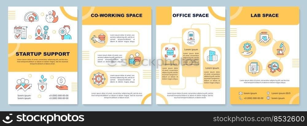 Startup support orange brochure template. Office and lab space. Leaflet design with linear icons. Editable 4 vector layouts for presentation, annual reports. Arial-Black, Myriad Pro-Regular fonts used. Startup support orange brochure template