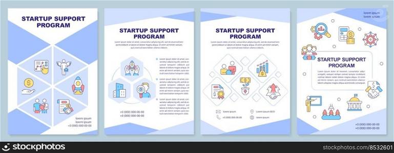 Startup support program purple brochure template. Leaflet design with linear icons. Editable 4 vector layouts for presentation, annual reports. Arial-Black, Myriad Pro-Regular fonts used. Startup support program purple brochure template