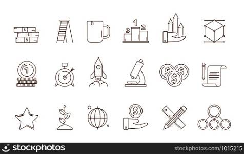 Startup symbols. Business idea franchise creative production marketing development perfect strategy rocket vector line icon collection. Illustration of rocket startup, development and start icons. Startup symbols. Business idea franchise creative production marketing development perfect strategy rocket vector line icon collection