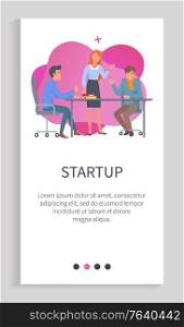 Startup team planning project vector, businesswoman makes decisions with colleagues in office, employees of organization planning strategy. Website or app slider template, landing page flat style. Startup Team Developing Project in Workplace Web