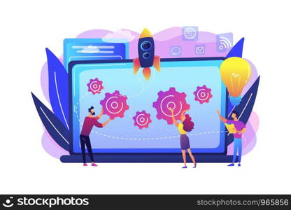 Startup team receive mentoring and training to accelerate growth and laptop. Startup accelerator, seed accelerator, startup mentoring concept. Bright vibrant violet vector isolated illustration. Startup accelerator concept vector illustration.
