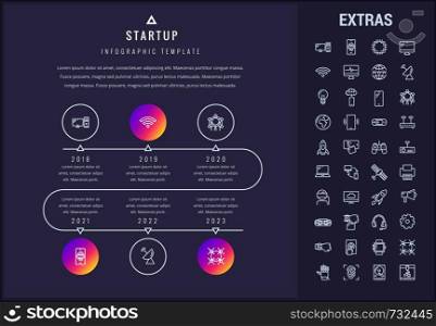 Startup timeline infographic template, elements and icons. Infograph includes years, line icon set with startup rocket, business launch, network technology, internet connection, satellite etc.. Startup infographic template, elements and icons.