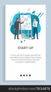 Startup vector, businessmen with ideas and solution man with partner showing info on board infocharts and planning of steps, people wearing suits. Website or app slider, landing page flat style. Startup People with Presentation on Whiteboard