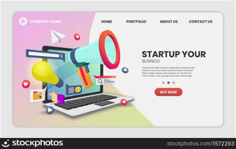 Startup vector concept on laptop delivery service on Website or Mobile Application Vector Concept Marketing and Digital marketing,Hero image for website