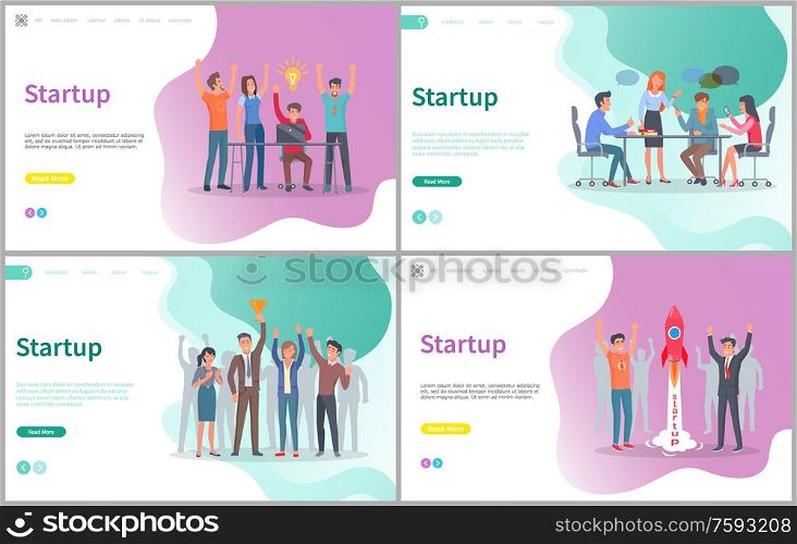 Startup vector, people working on conference, brainstorming. Launching of rocket, success and achievement of goals and targets of company. Website or webpage for start up, landing page flat style. Startup People Working on New Business Project