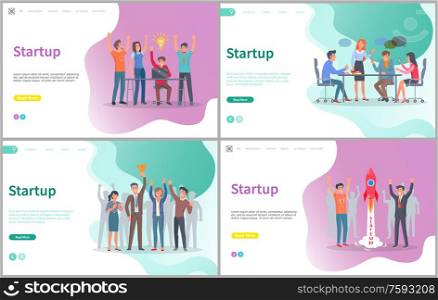 Startup vector, people working on conference, brainstorming. Launching of rocket, success and achievement of goals and targets of company. Website or webpage for start up, landing page flat style. Startup People Working on New Business Project
