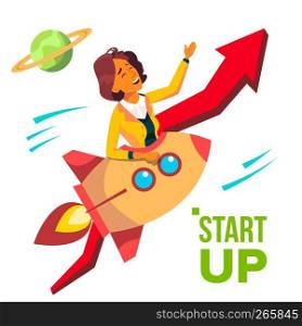 Startup Vector. Rocket Soars Up On Red Arrow Growthing Up. Business Woman Enjoying Good Start. Illustration. Startup Vector. Rocket Soars Up On Background Of Red Arrow Growthing Up. Business Woman Enjoying Good Start. Illustration