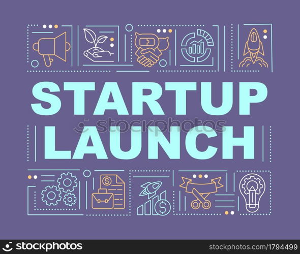 Startup word concepts banner. Starting business. Launching company. Infographics with linear icons on purple background. Isolated creative typography. Vector outline color illustration with text. Startup word concepts banner