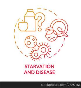 Starvation and disease red gradient concept icon. Armed conflicts outcome abstract idea thin line illustration. Humanitarian crisis. Isolated outline drawing. Myriad Pro-Bold font used. Starvation and disease red gradient concept icon