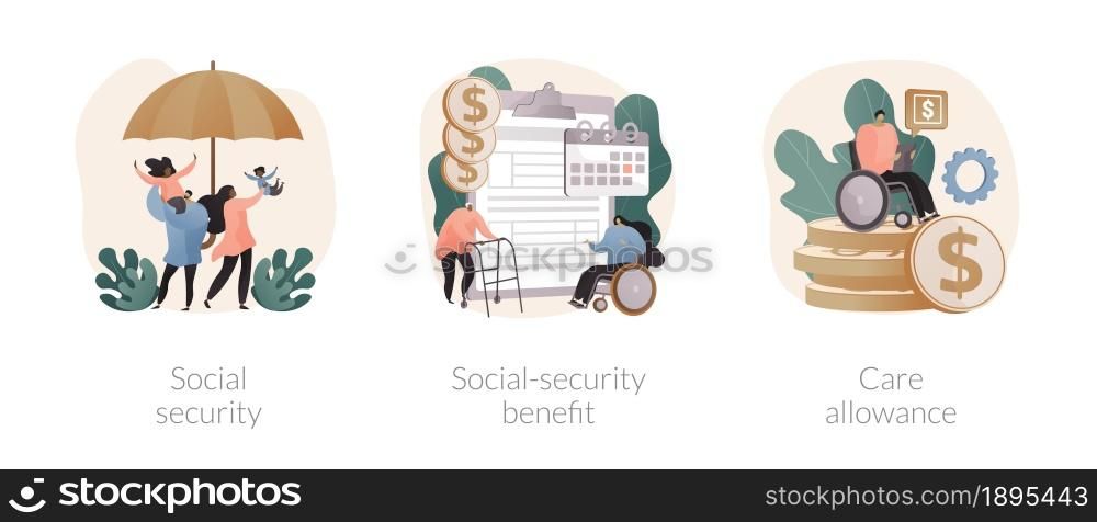 State allowance abstract concept vector illustration set. Social security benefit, health care allowance, retirement insurance, application form, benefit calculator, home nurse abstract metaphor.. State allowance abstract concept vector illustrations.