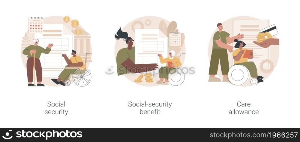 State allowance abstract concept vector illustration set. Social security benefit, health care allowance, retirement insurance, application form, benefit calculator, home nurse abstract metaphor.. State allowance abstract concept vector illustrations.