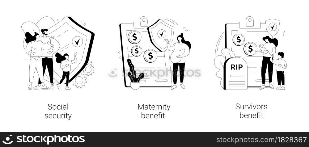 State allowance abstract concept vector illustration set. Social security, maternity and survivors benefit, retirement insurance, parental support, death certificate, financial help abstract metaphor.. State allowance abstract concept vector illustrations.