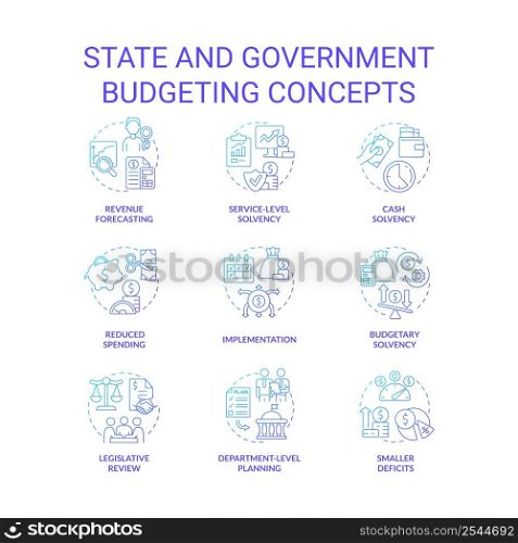 State and government budgeting blue gradient concept icons set. Financial program for country idea thin line color illustrations. Isolated symbols. Roboto-Medium, Myriad Pro-Bold fonts used. State and government budgeting blue gradient concept icons set