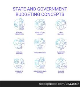 State and government budgeting blue gradient concept icons set. Financial program for country idea thin line color illustrations. Isolated symbols. Roboto-Medium, Myriad Pro-Bold fonts used. State and government budgeting blue gradient concept icons set