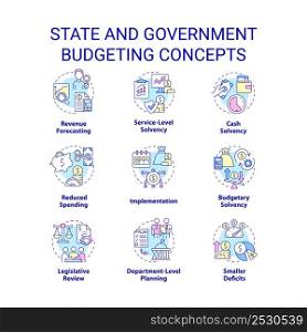 State and government budgeting concept icons set. Financial program idea thin line color illustrations. Isolated symbols. Editable stroke. Roboto-Medium, Myriad Pro-Bold fonts used. State and government budgeting concept icons set