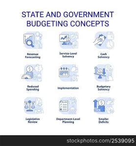 State and government budgeting light blue concept icons set. Financial program idea thin line color illustrations. Isolated symbols. Editable stroke. Roboto-Medium, Myriad Pro-Bold fonts used. State and government budgeting light blue concept icons set