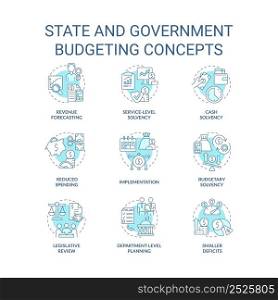 State and government budgeting turquoise concept icons set. Financial program idea thin line color illustrations. Isolated symbols. Editable stroke. Roboto-Medium, Myriad Pro-Bold fonts used. State and government budgeting turquoise concept icons set