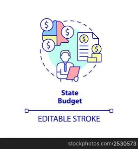 State budget concept icon. Financial program. Revenue and expenses. Budgeting type abstract idea thin line illustration. Isolated outline drawing. Editable stroke. Arial, Myriad Pro-Bold fonts used. State budget concept icon