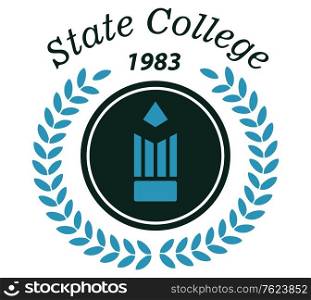 State college emblem with laurel wreath, pencil and text for education design