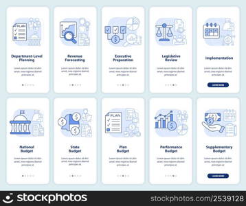 State, government budgeting light blue onboarding mobile app screen set. Walkthrough 5 steps graphic instructions pages with linear concepts. UI, UX, GUI template. Myriad Pro-Bold, Regular fonts used. State, government budgeting light blue onboarding mobile app screen set