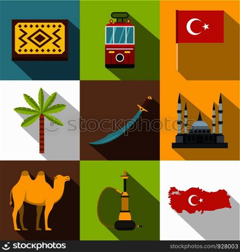 State of Turkey icon set. Flat style set of 9 state of Turkey vector icons for web design. State of Turkey icon set, flat style