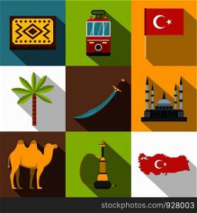 State of Turkey icon set. Flat style set of 9 state of Turkey vector icons for web design. State of Turkey icon set, flat style