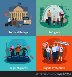 Stateless Refugees 2x2 Design Concept. Stateless refugees 2x2 design concept set of political refuge illegal immigrants rights protection meeting flat compositions vector illustration