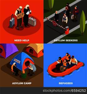 Stateless refugees asylum icons isometric 2x2 design concept with human characters of displaced persons and text vector illustration. Isometric Refugees Design Concept